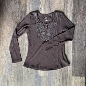 Bob Timberlake Top Medium Detailed Knit Lace 1/4 Button Up Scoop Neck Brown